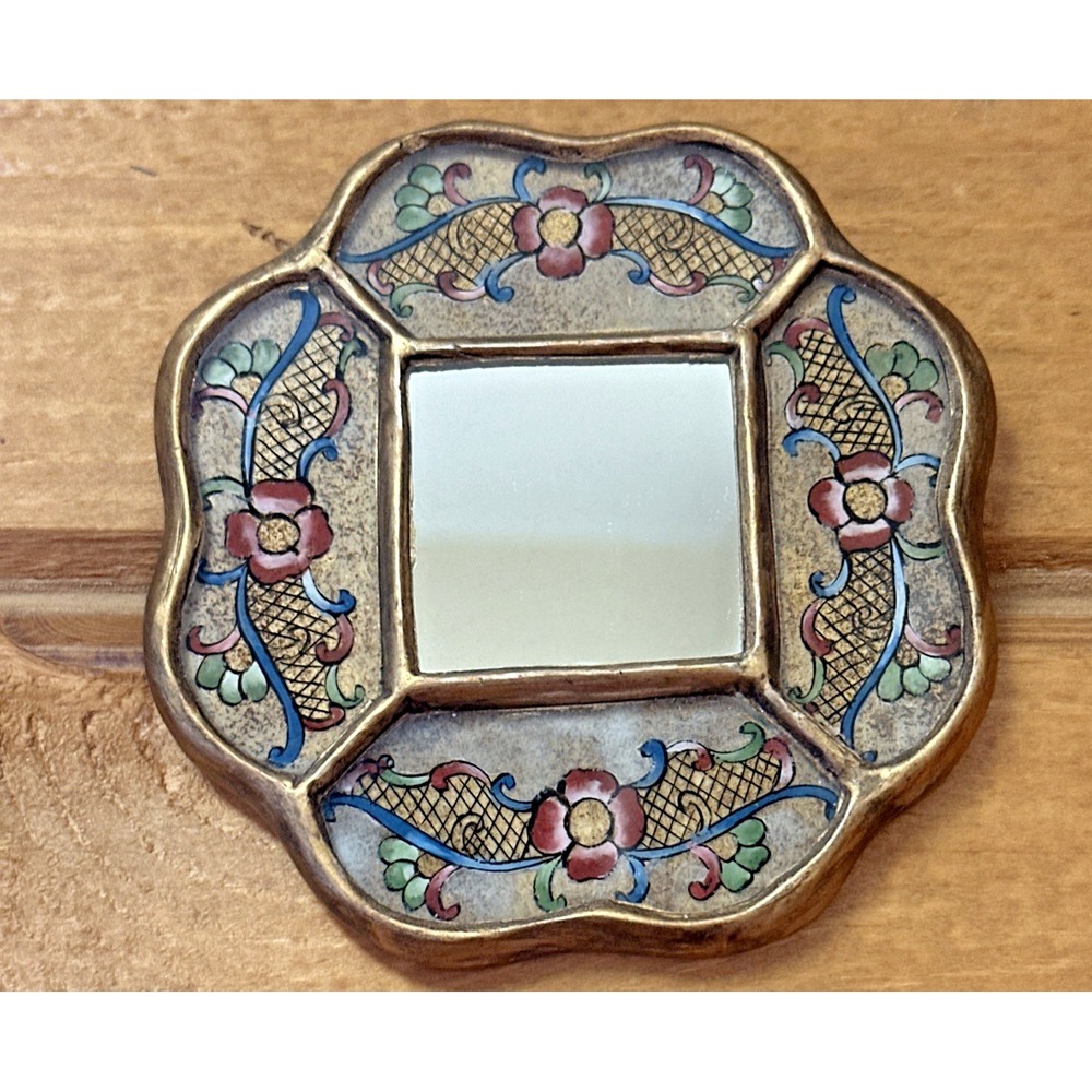 Vtg Peruvian Folk Art Hand Painted Wood Mirror Floral Scroll Motif 4.5"